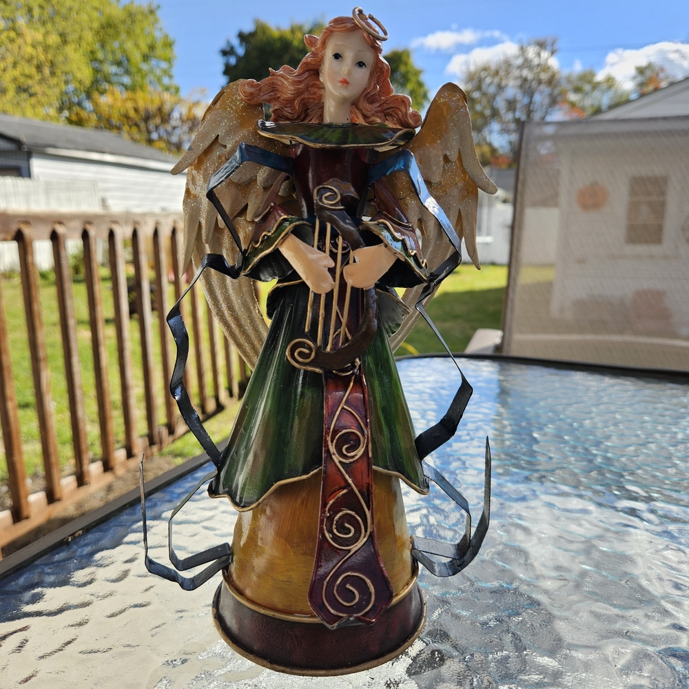 Vintage Metal Colorful Angel Christmas Tree Topper Or Figurine 10.25 In By 5.5
